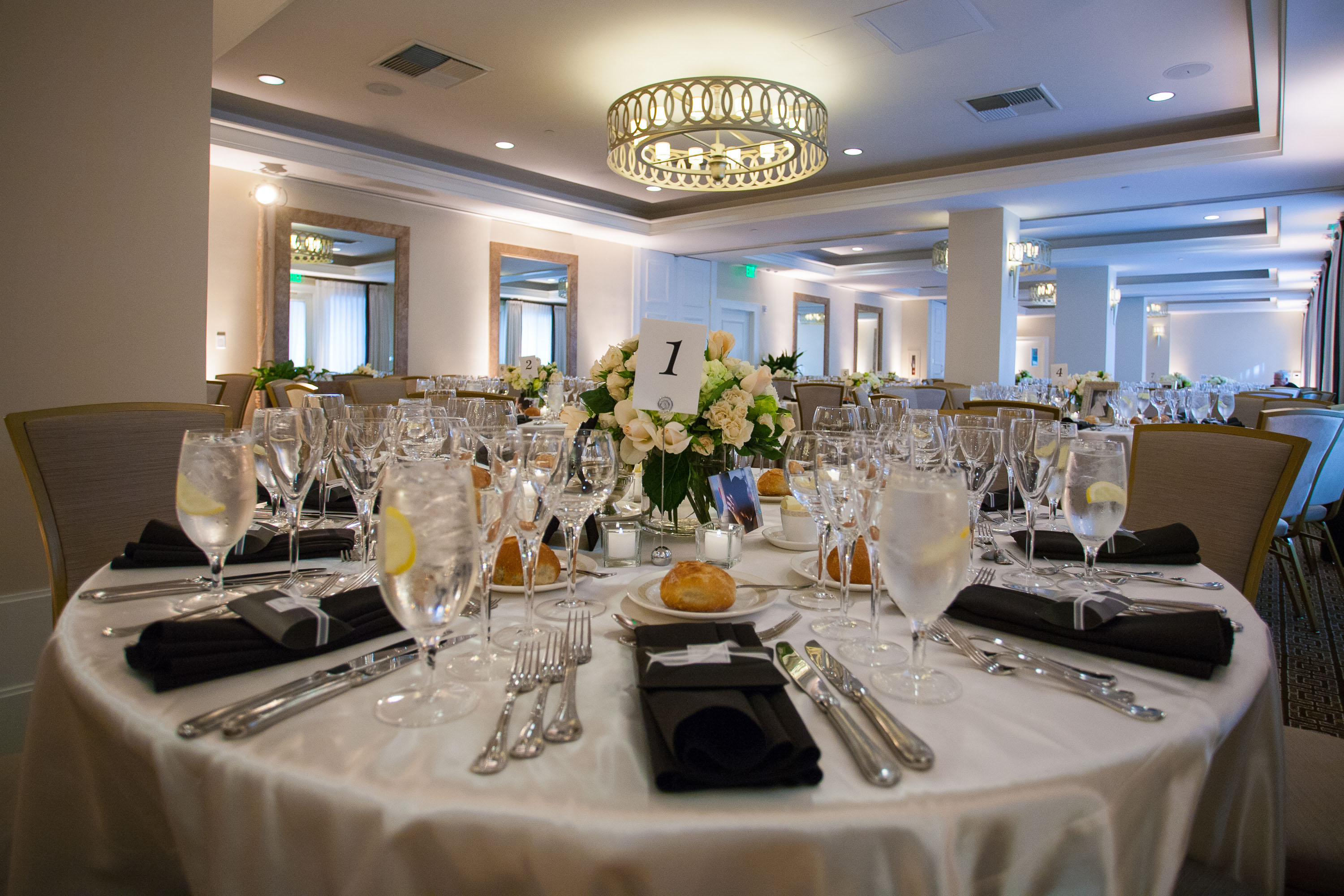 Ivory and dark brown table settings at the Garden Court Hotel in Palo Alto