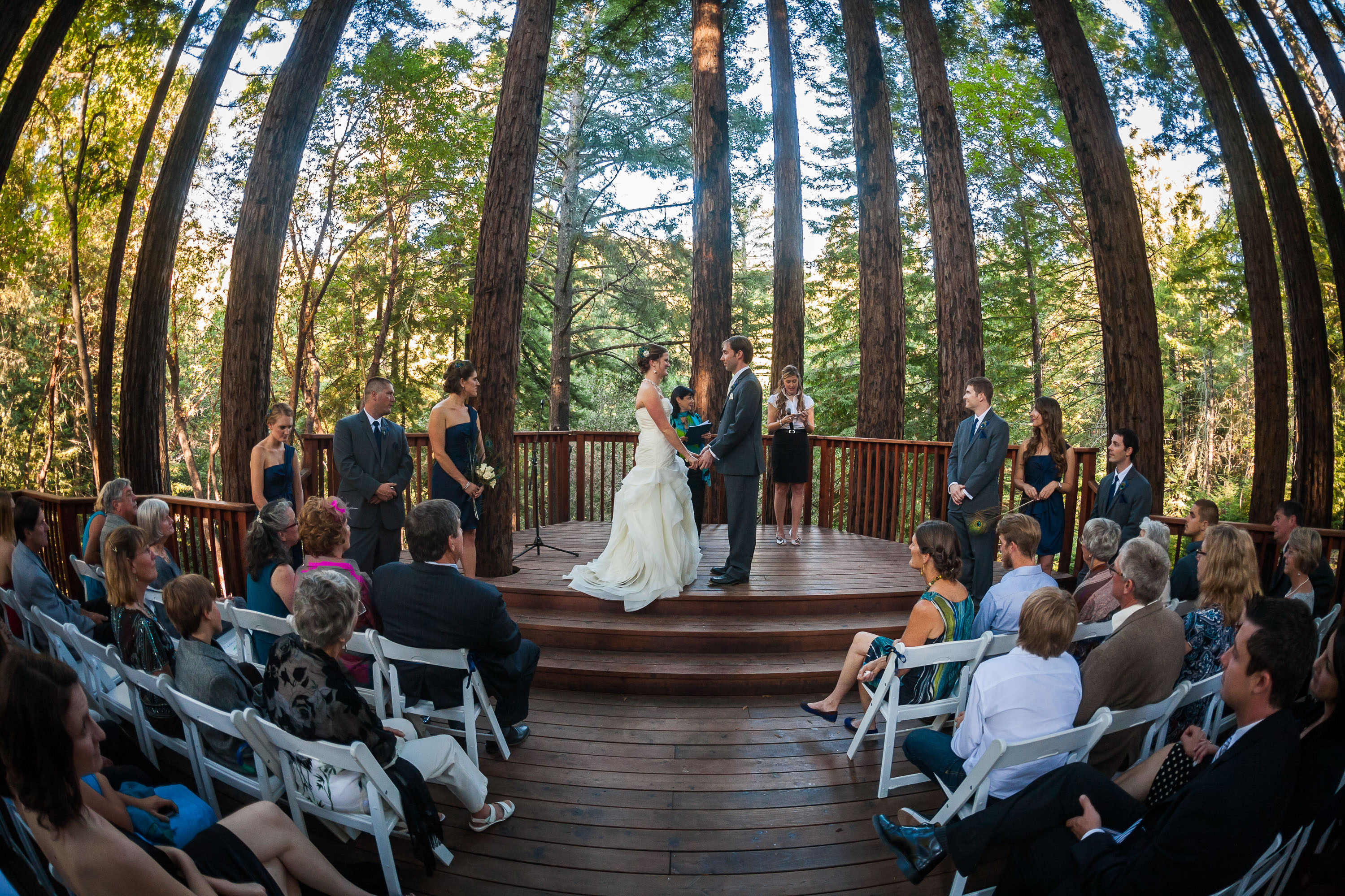 A fisheye view of the wedding ampitheatre at Pema Osel Ling in the Santa Cruz mountains