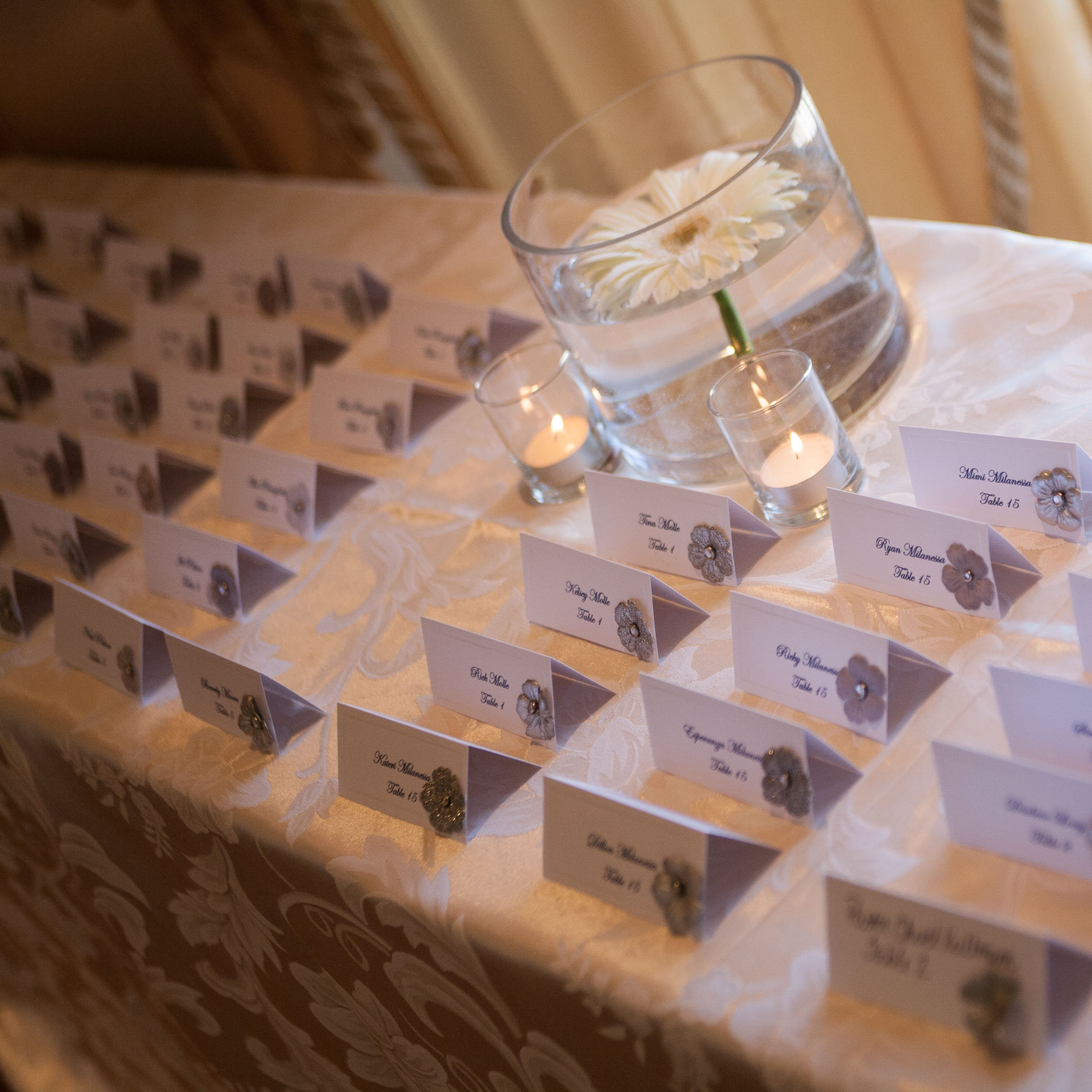 A single Gerber Daisy graces the table card display at the St. Francis Hotel in San Francisco