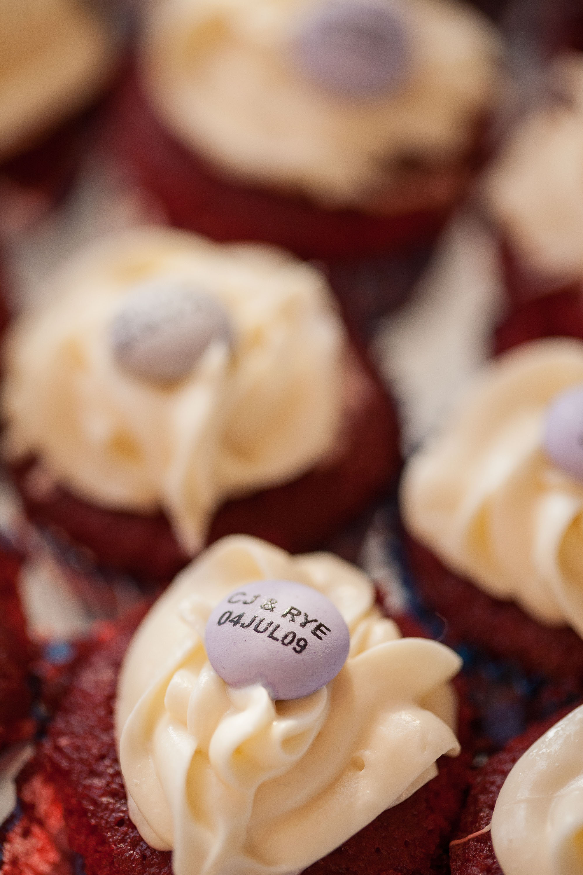 Red Velvet cupcakes with buttercream frosting and custom printed M&Ms  at the St. Francis Hotel in San Francisco